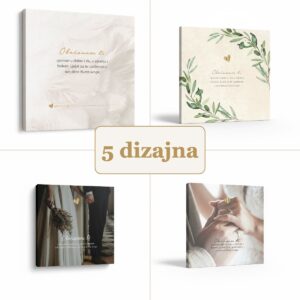 Citat na platnu Obećavam ti vjernost u dobru i zlu, u zdravlju i bolesti. Ljubit ću te i poštovati u sve dane života svoga. – 5 dizajna: Minimalistički, Maslinove grančice, Buket, Prstenje, Srce od ruku