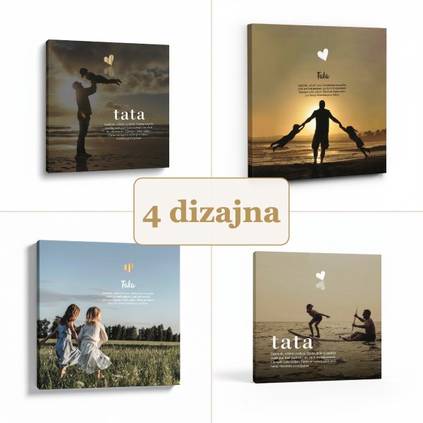 Citat na platnu Tata -zaštitnik, učitelj i poticaj... – 4 dizajna: Tata podiže dijete, Šetnja u zalasku, Livada, Igra na plaži